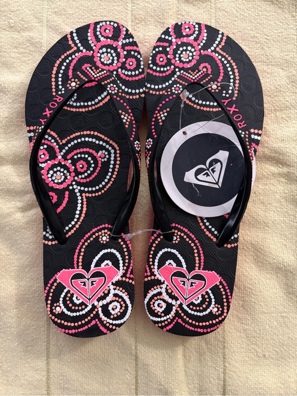 Roxy Women's Black Flip Flop Sandals with Pink & White Dot Pattern